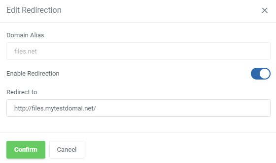 CPanel Extended For WHMCS: client area Edit Redirection dialog for a domain alias with Enable Redirection switch