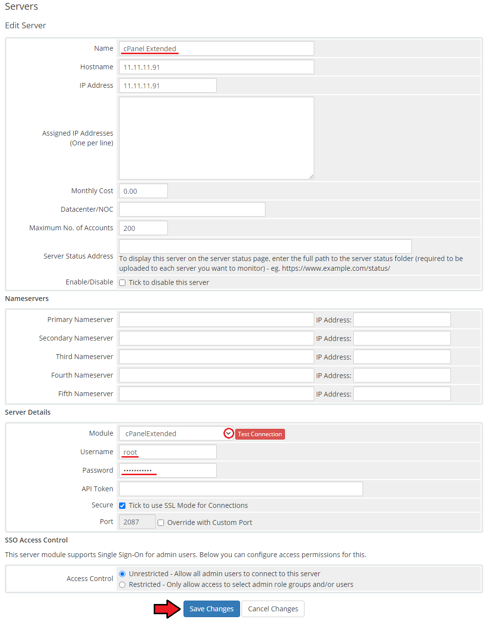 CPanel Extended For WHMCS: WHMCS Edit Server form with name, hostname, IP address, root username and password