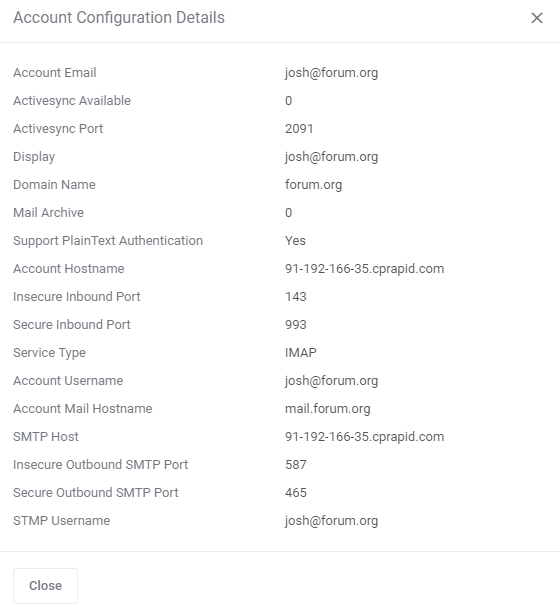 CPanel Extended For WHMCS: client area Account Configuration Details dialog with IMAP and SMTP hostnames, ports and