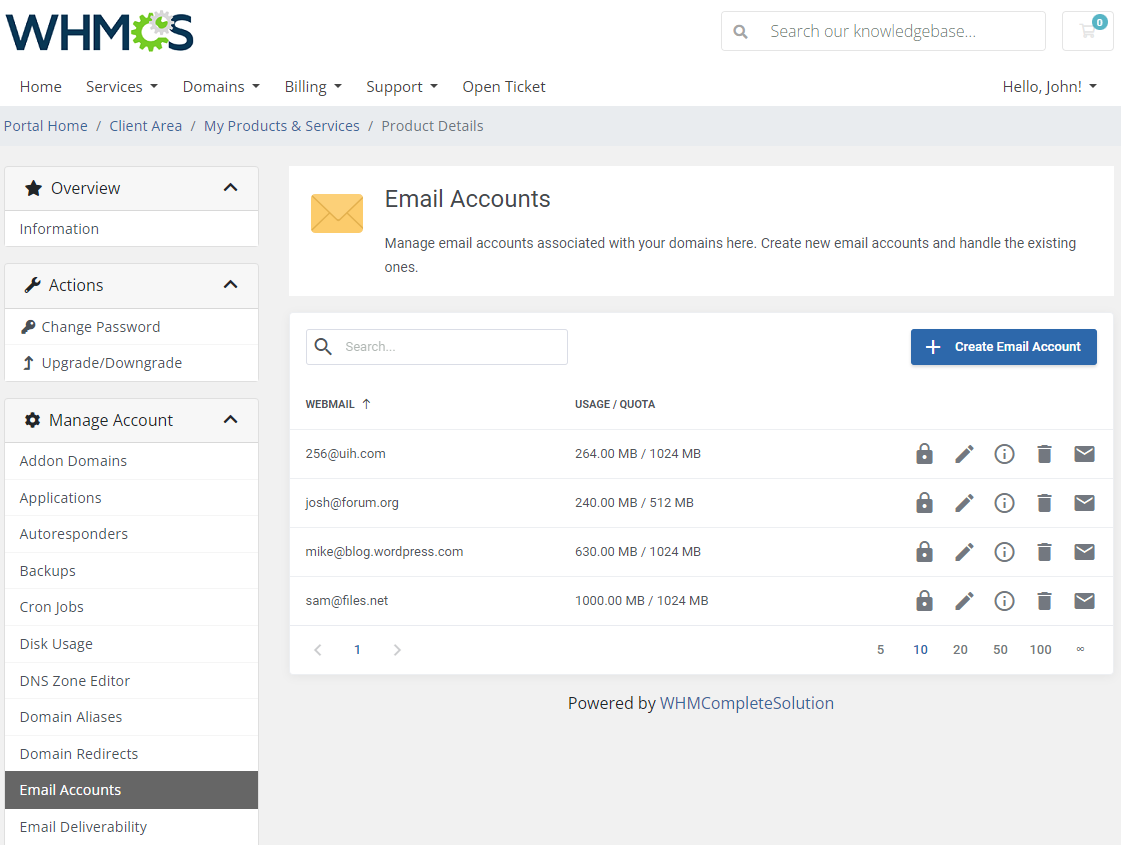 CPanel Extended For WHMCS: client area Email Accounts page with usage and quota and the Create Email Account button