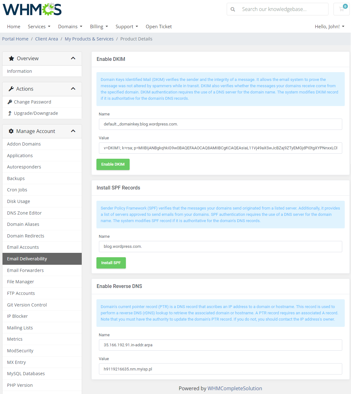 CPanel Extended For WHMCS: client area Email Deliverability with Enable DKIM, Install SPF and Enable Reverse DNS