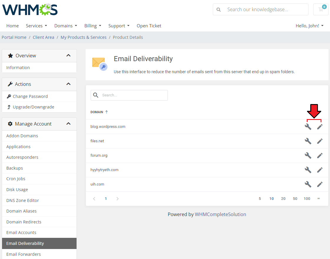 CPanel Extended For WHMCS: client area Email Deliverability list of domains with the repair and edit icons marked