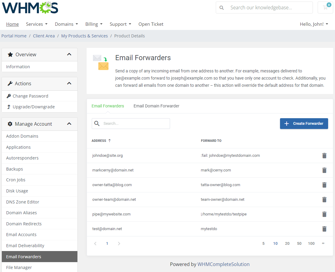 CPanel Extended For WHMCS: client area Email Forwarders tab with the forwarders list and the Create Forwarder button