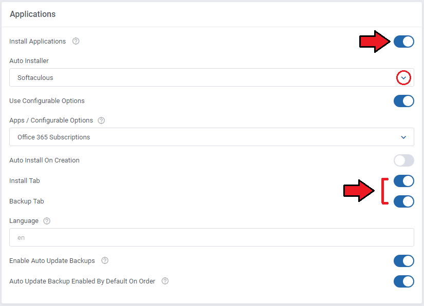 CPanel Extended For WHMCS: product feature configuration, Applications section with Softaculous auto installer toggles