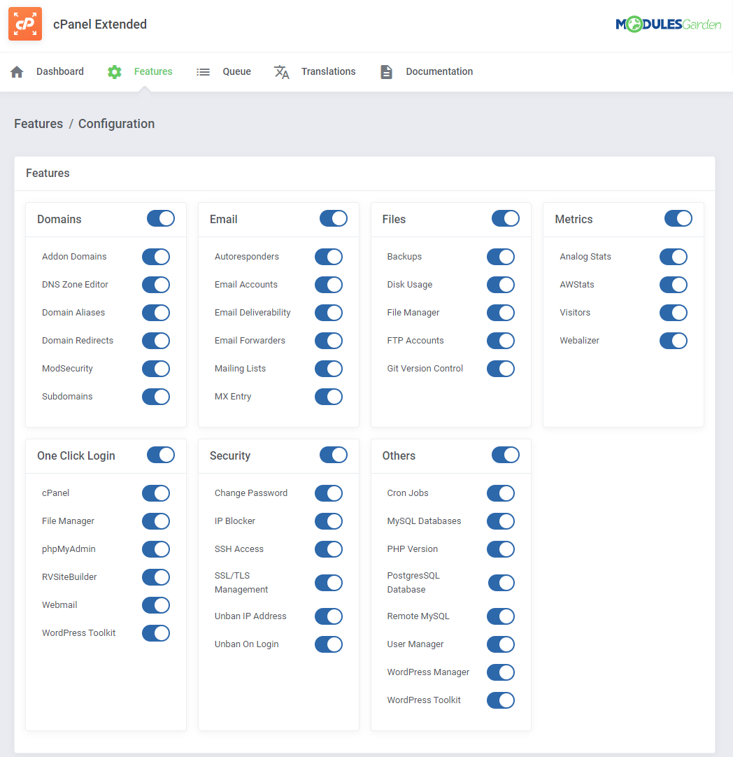 CPanel Extended For WHMCS: Features configuration page with toggles for Domains, Email, Files, Metrics and Security
