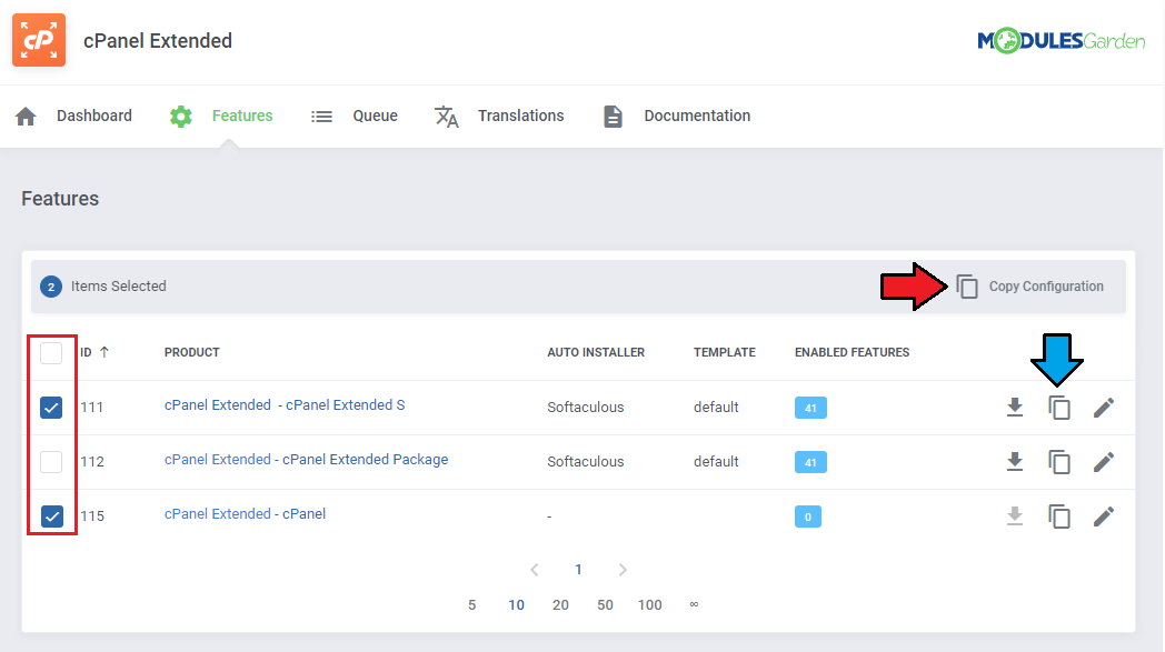 CPanel Extended For WHMCS: Features list with two products selected and the Copy Configuration button