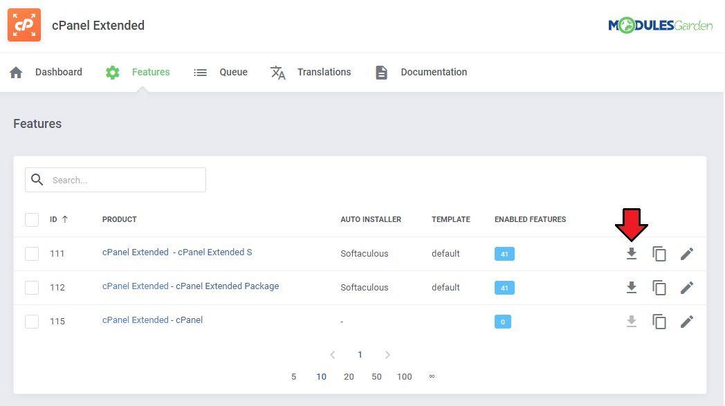 CPanel Extended For WHMCS: Features list with the download icon next to a product to view its applications list