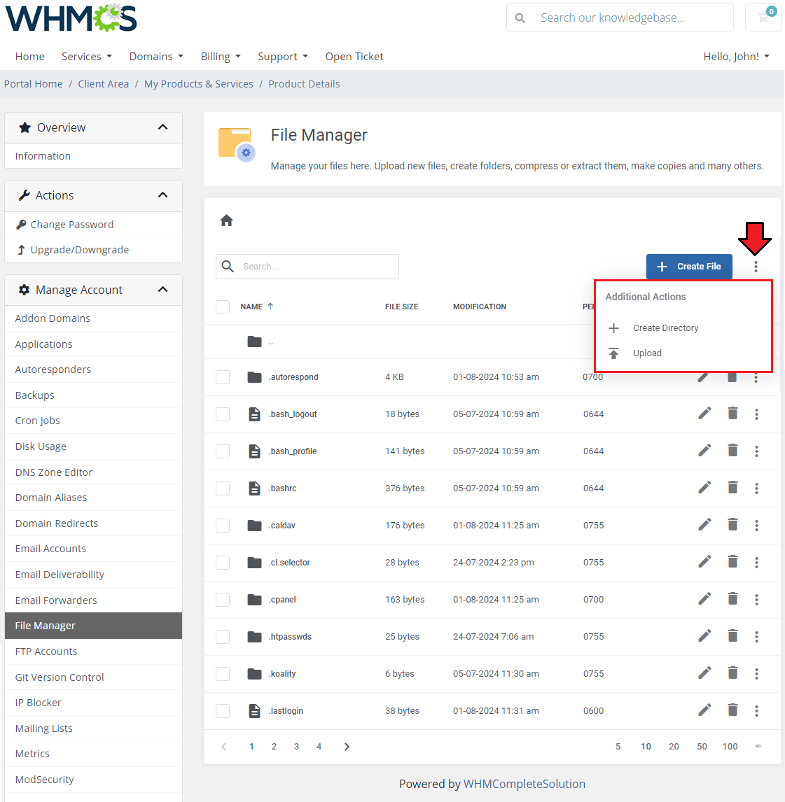 CPanel Extended For WHMCS: File Manager with the Additional Actions menu showing Create Directory and Upload
