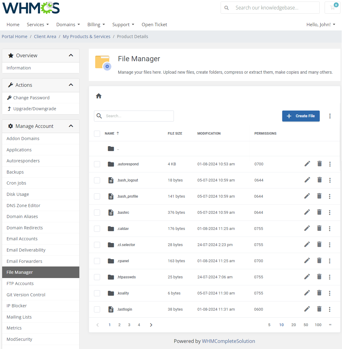 CPanel Extended For WHMCS: client area File Manager listing files and folders with size, modification date and