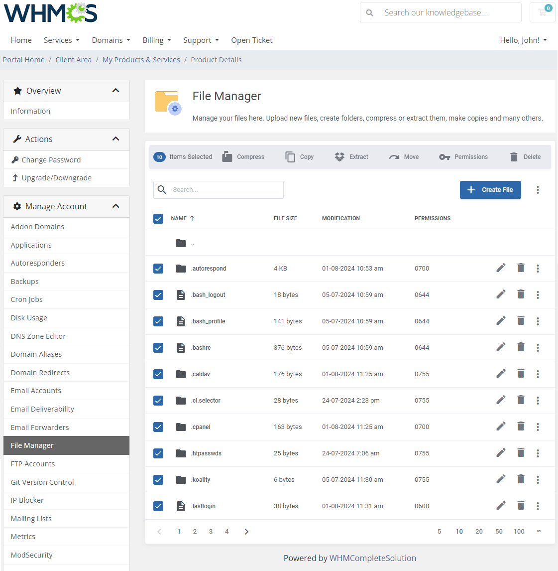 CPanel Extended For WHMCS: File Manager with selected items and the Compress, Copy, Extract, Move, Permissions and