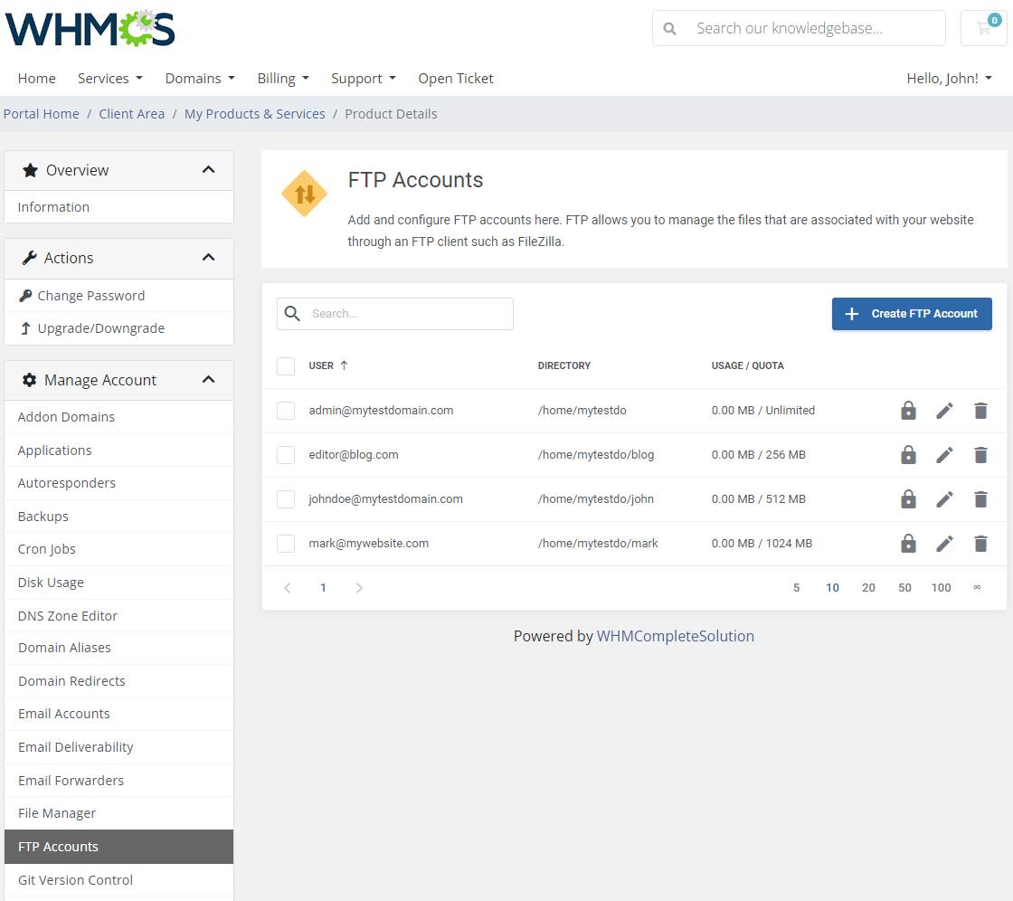 CPanel Extended For WHMCS: client area FTP Accounts list with users, directories, quotas and Create FTP Account button