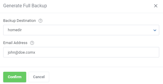 CPanel Extended For WHMCS: client area Generate Full Backup dialog with backup destination and email address fields