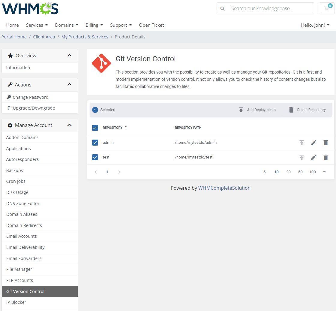 CPanel Extended For WHMCS: Git Version Control with selected repositories, Add Deployments and Delete Repository buttons