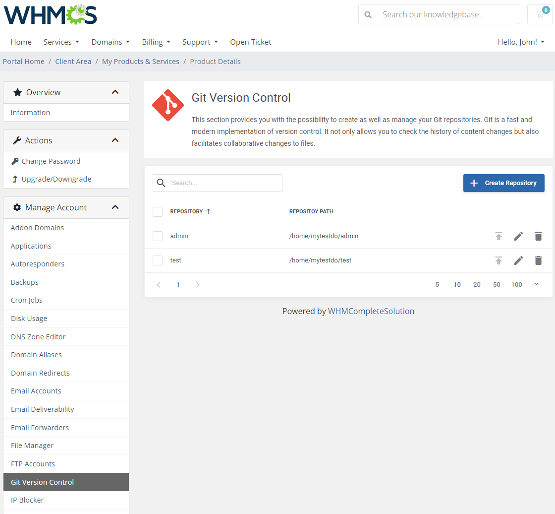 CPanel Extended For WHMCS: client area Git Version Control list of repositories with the Create Repository button