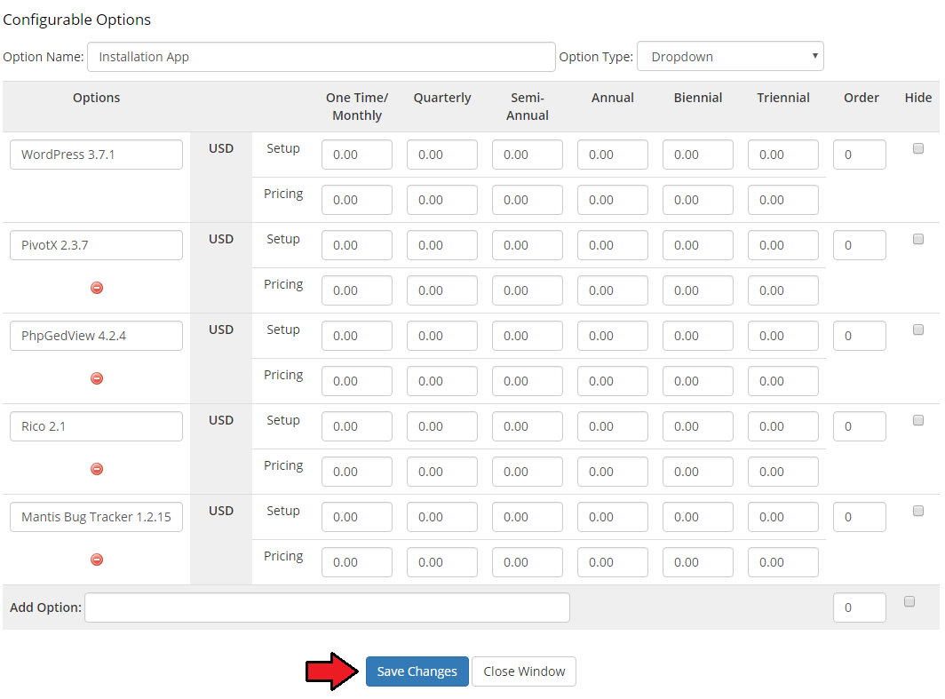 CPanel Extended For WHMCS: configurable option Installation App with five application versions listed