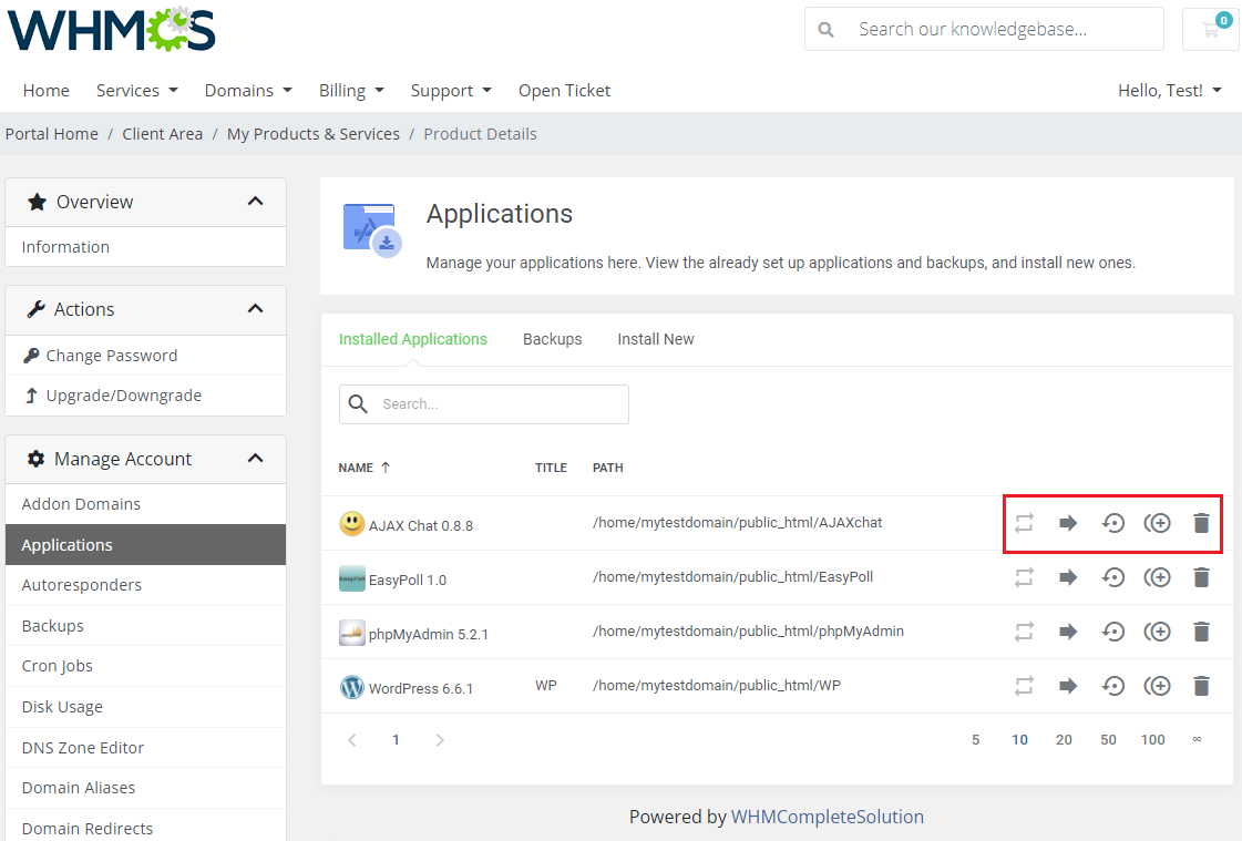 CPanel Extended For WHMCS: client area Installed Applications list with the row action buttons marked
