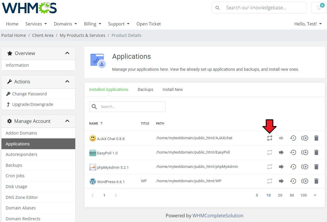 CPanel Extended For WHMCS: client area Installed Applications list with the clone button marked next to an application