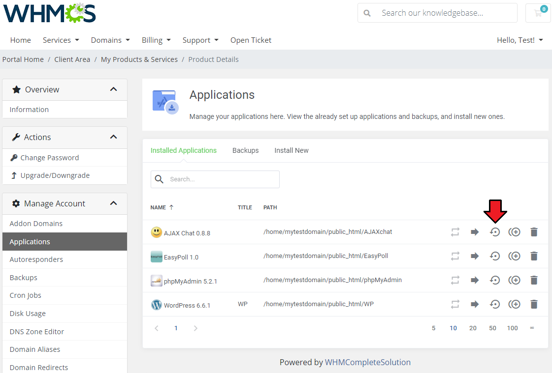 CPanel Extended For WHMCS: client area Installed Applications list with the Create Backup button marked