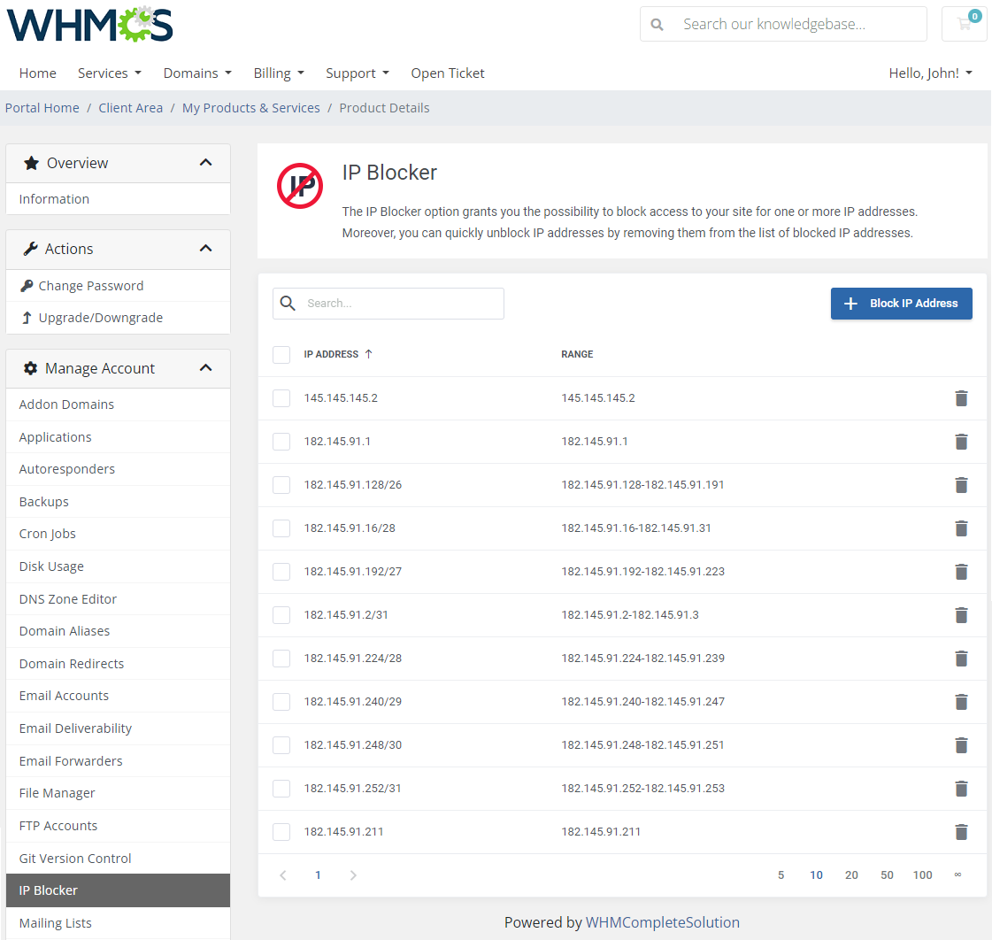 CPanel Extended For WHMCS: client area IP Blocker list of blocked IP addresses with the Block IP Address button