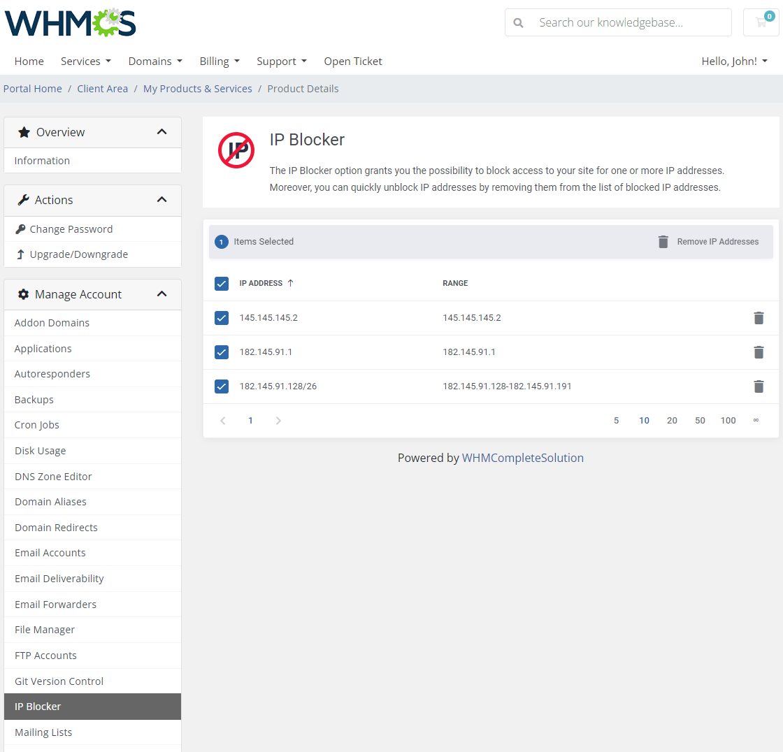 CPanel Extended For WHMCS: IP Blocker with selected addresses and the Remove IP Addresses button