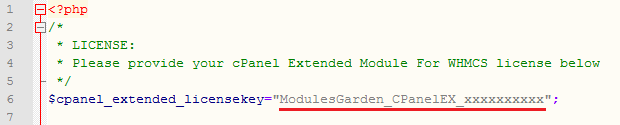 CPanel Extended For WHMCS: license.php file with the license key entered between quotation marks
