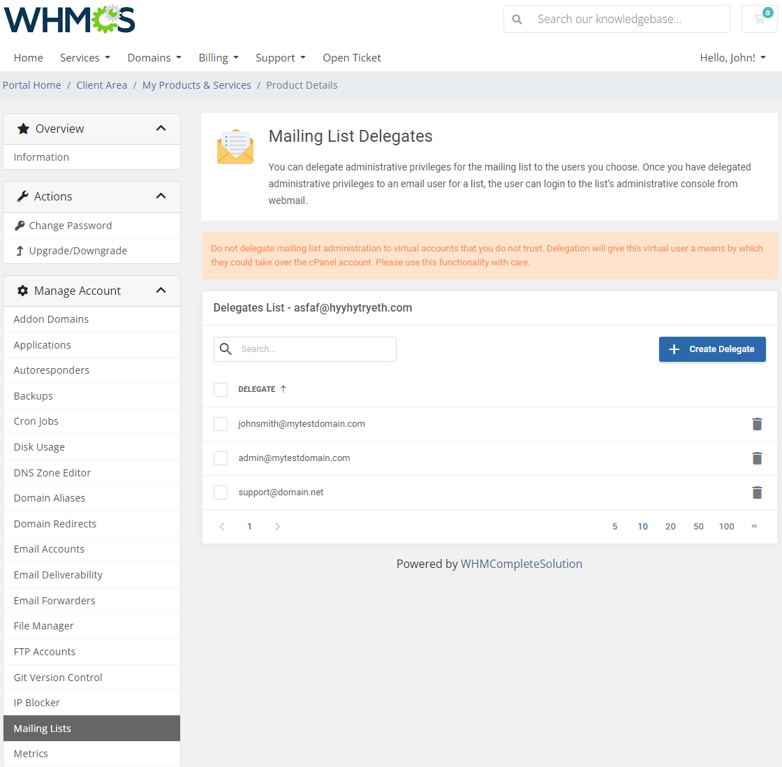 CPanel Extended For WHMCS: Mailing List Delegates page with a warning, the delegates list and the Create Delegate button