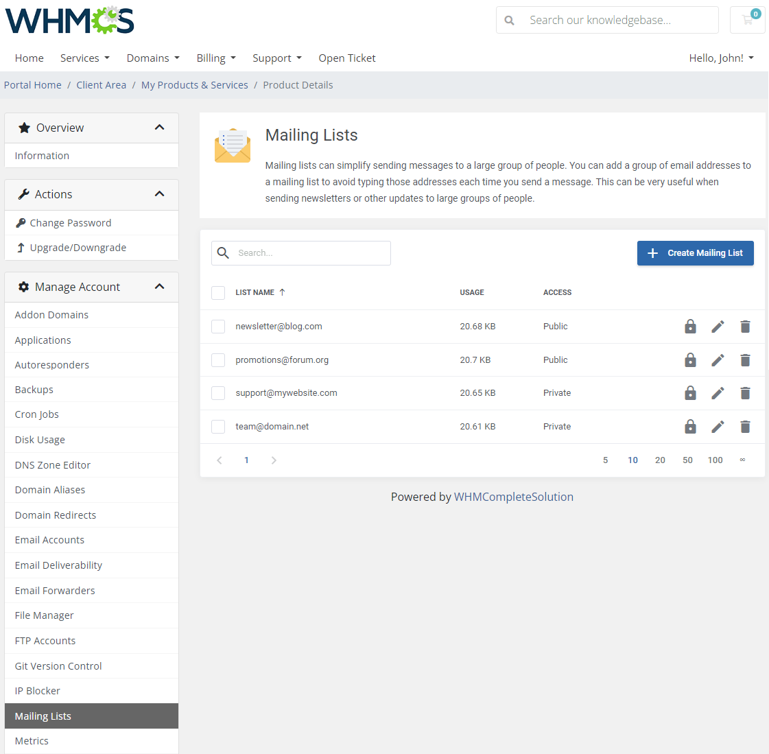 CPanel Extended For WHMCS: client area Mailing Lists table with usage and access type and the Create Mailing List button