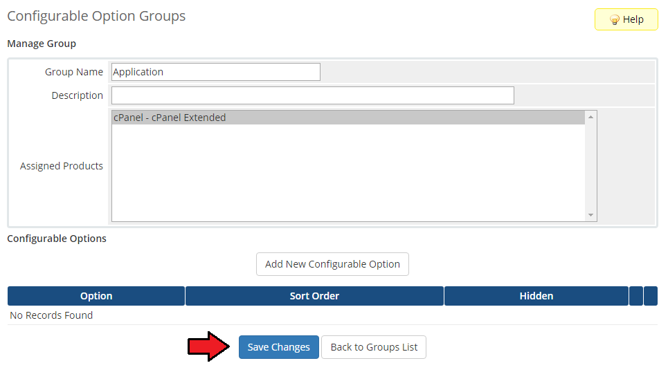 CPanel Extended For WHMCS: WHMCS Manage Group page with the Add New Configurable Option button