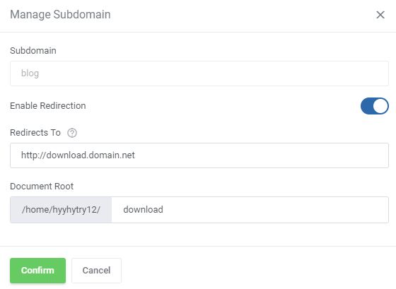 CPanel Extended For WHMCS: Manage Subdomain modal with the Enable Redirection switch, redirect URL and document root