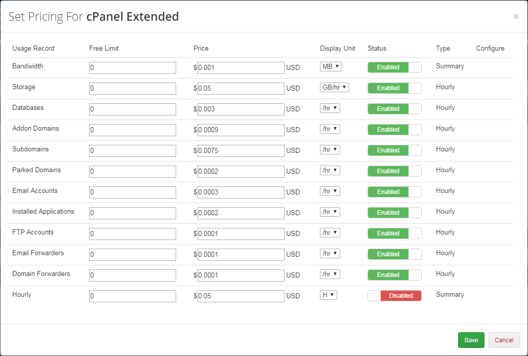 CPanel Extended For WHMCS: Set Pricing dialog for metric billing with free limit, price and status per usage record