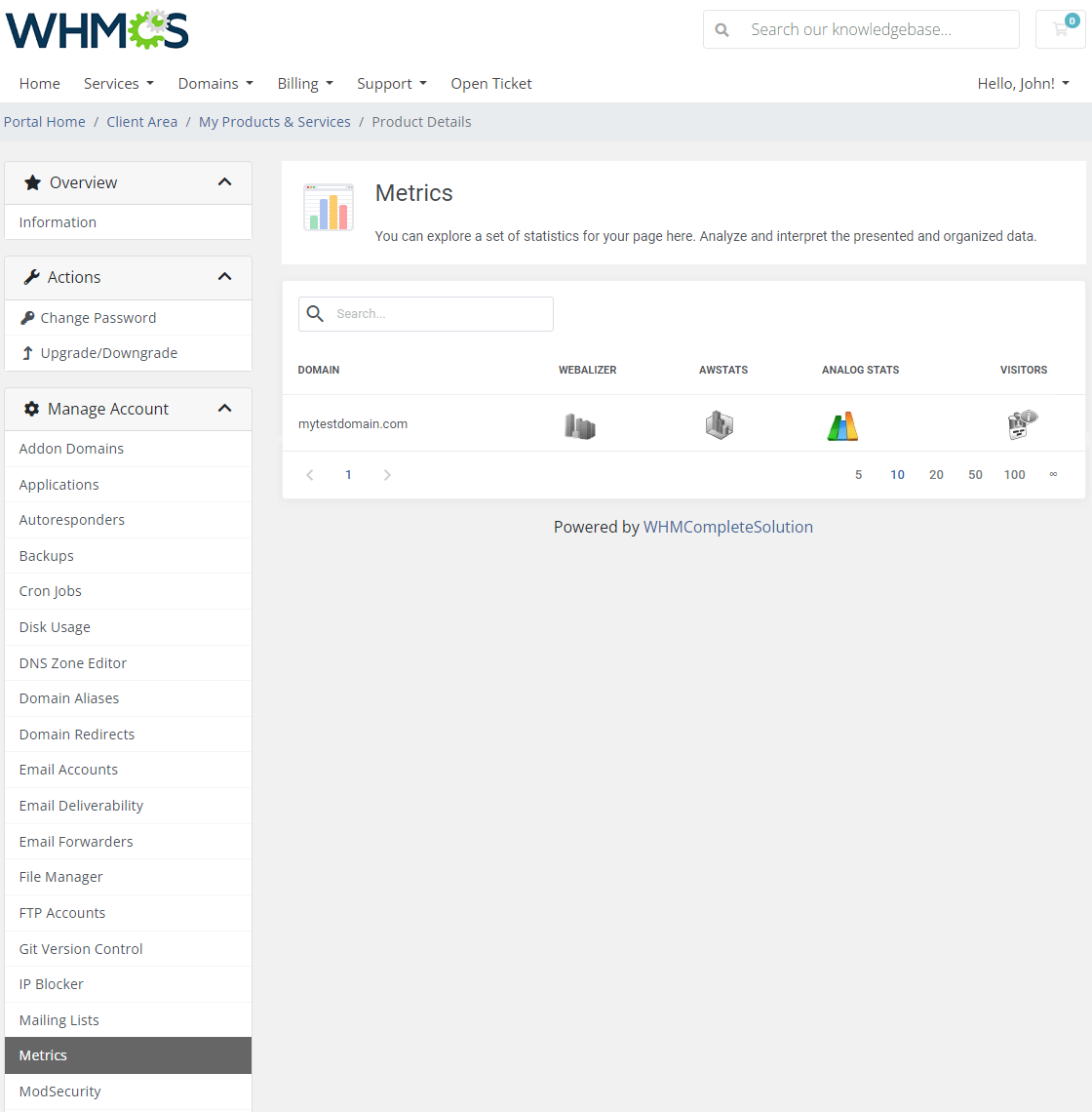CPanel Extended For WHMCS: client area Metrics page with Webalizer, AWStats, Analog Stats and Visitors icons per domain