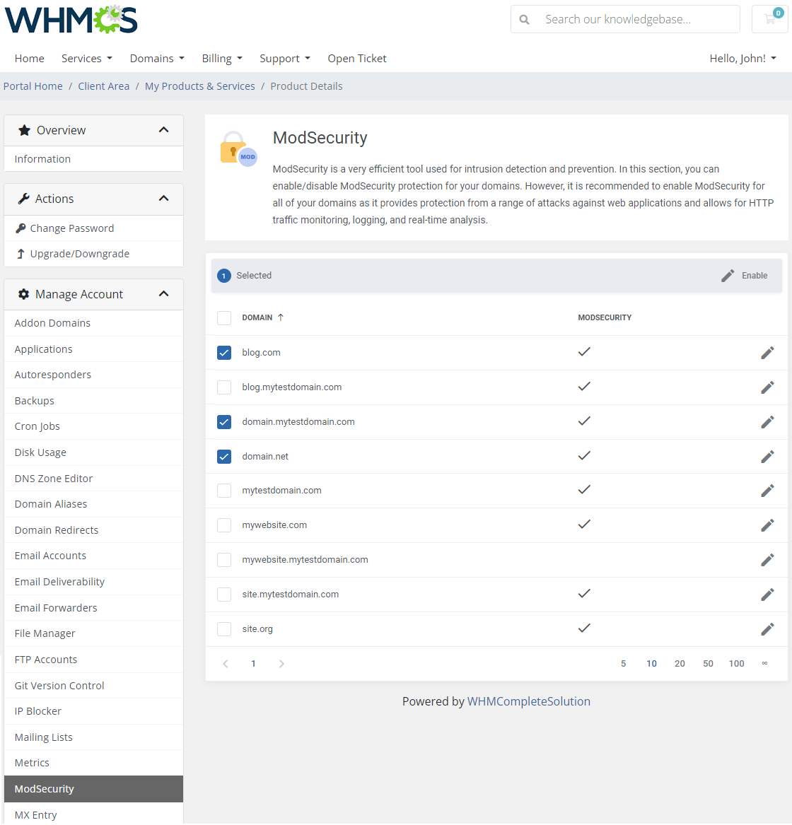 CPanel Extended For WHMCS: client area ModSecurity list of domains with selected rows and the Enable button