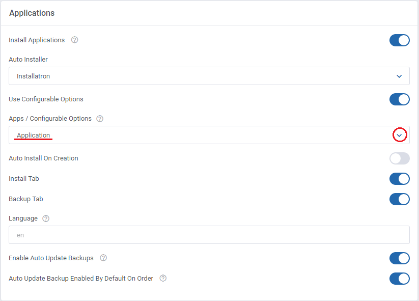 CPanel Extended For WHMCS: WHMCS product Applications settings with Installatron and configurable options enabled