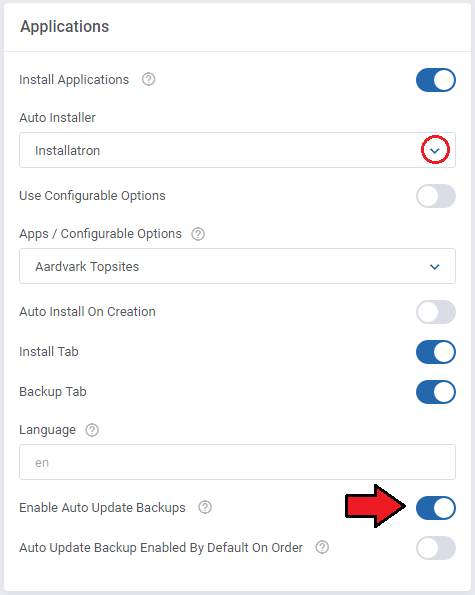 CPanel Extended For WHMCS: WHMCS product Applications settings with the Enable Auto Update Backups switch turned on