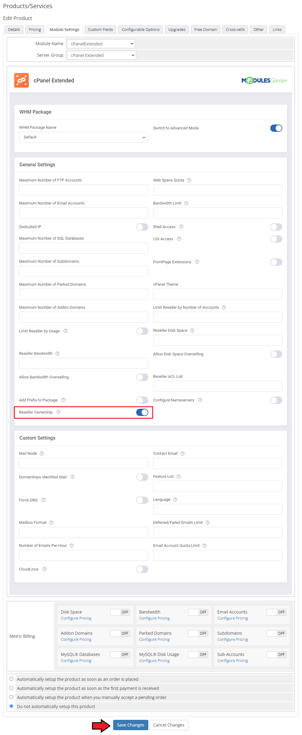 CPanel Extended For WHMCS: WHMCS admin product Module Settings tab with the Reseller Ownership option marked and Save
