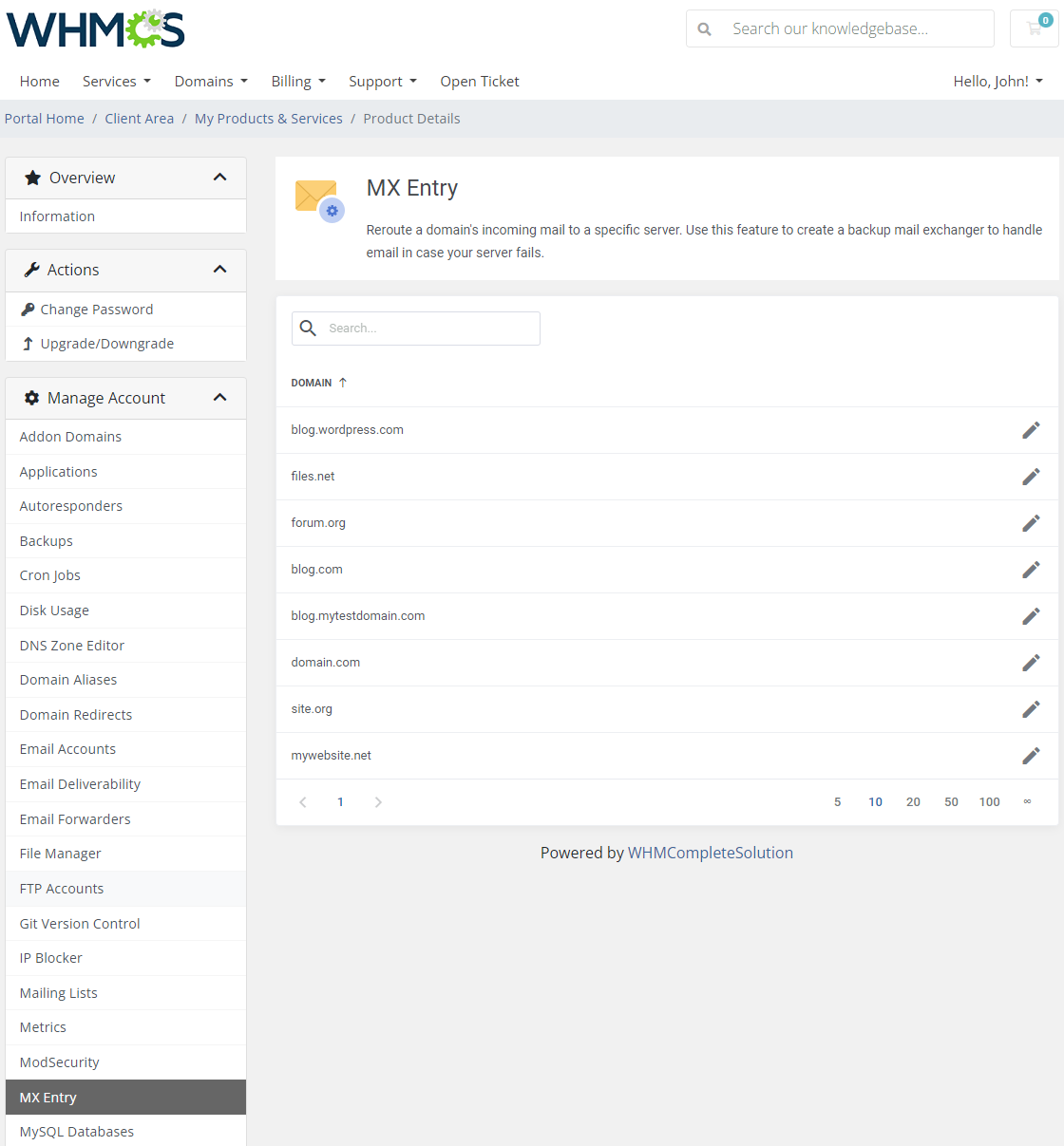 CPanel Extended For WHMCS: client area MX Entry list of domains with the edit icon for each domain
