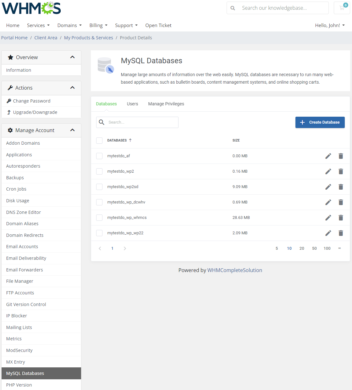 CPanel Extended For WHMCS: client area MySQL Databases tab with the databases list and the Create Database button