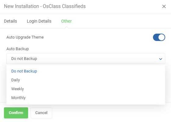 CPanel Extended For WHMCS: client area New Installation dialog Other tab with Auto Upgrade Theme and Auto Backup