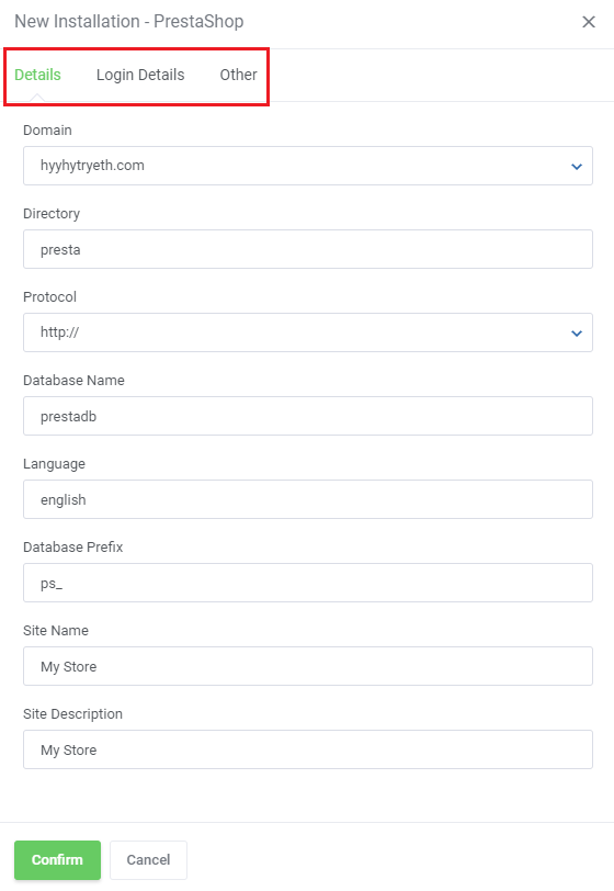 CPanel Extended For WHMCS: client area New Installation dialog for PrestaShop with Details, Login Details and Other tabs