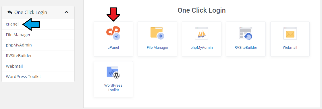 CPanel Extended For WHMCS: One Click Login page in the client area with an arrow on the cPanel login tile