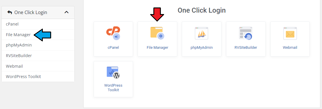 CPanel Extended For WHMCS: One Click Login page in the client area with an arrow on the File Manager tile