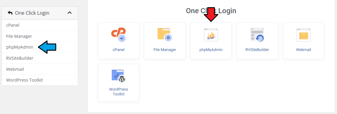 CPanel Extended For WHMCS: One Click Login page in the client area with an arrow on the phpMyAdmin tile