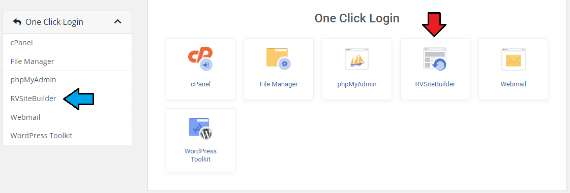 CPanel Extended For WHMCS: One Click Login page in the client area with an arrow on the RVSiteBuilder tile