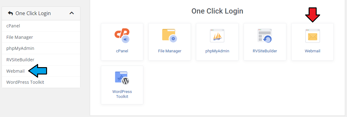 CPanel Extended For WHMCS: One Click Login page in the client area with an arrow on the Webmail tile