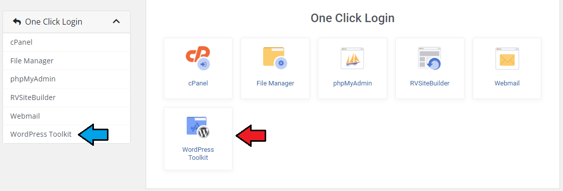 CPanel Extended For WHMCS: One Click Login page in the client area with an arrow on the WordPress Toolkit tile