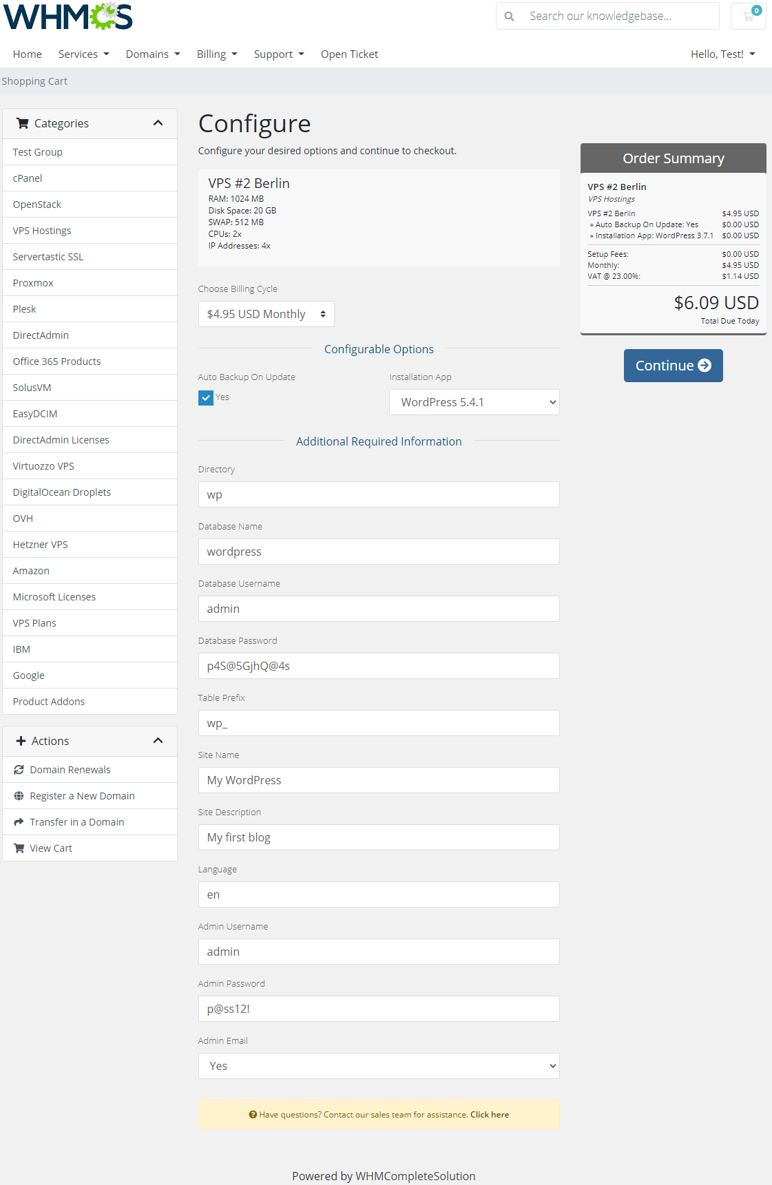 CPanel Extended For WHMCS: WHMCS order form with application custom fields for directory, database and admin filled in