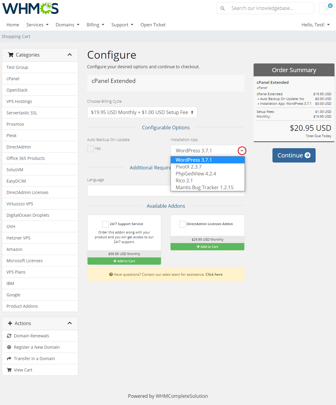 CPanel Extended For WHMCS: WHMCS order form with the Installation App dropdown listing WordPress and other apps