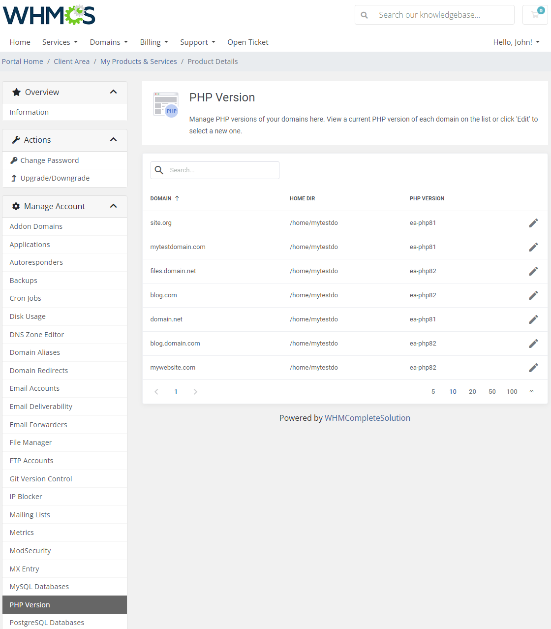 CPanel Extended For WHMCS: client area PHP Version list of domains with home directory and current PHP version