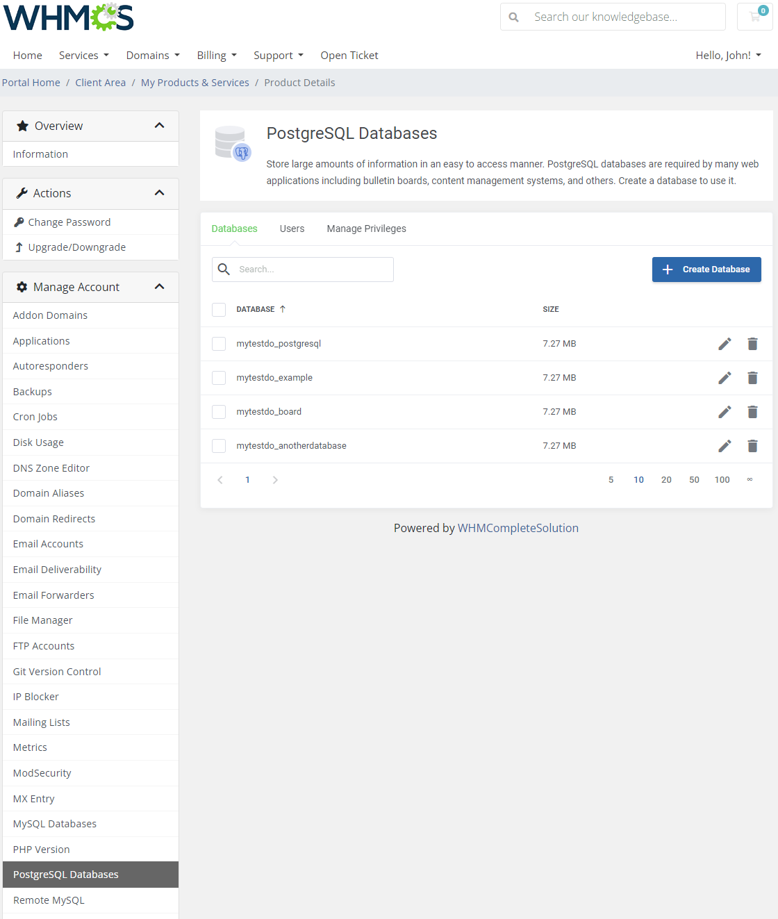 CPanel Extended For WHMCS: client area PostgreSQL Databases tab with the databases list and the Create Database button
