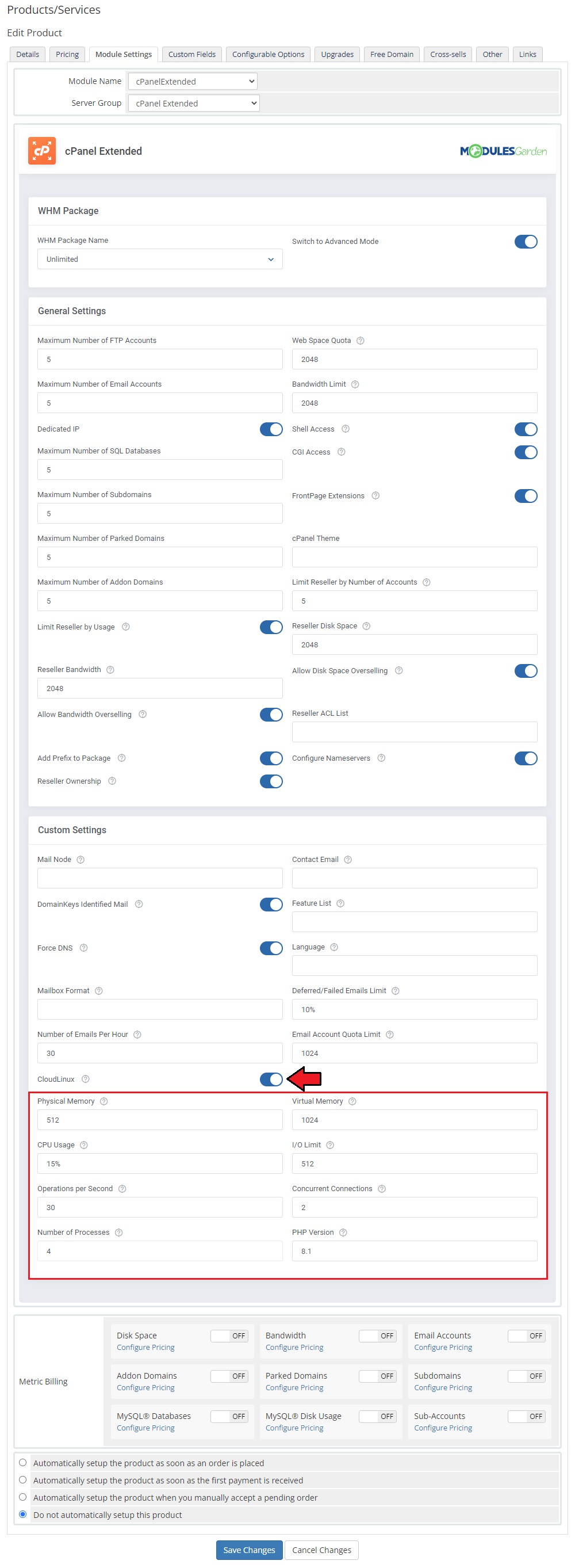 CPanel Extended For WHMCS: product Module Settings in advanced mode with the CloudLinux switch and resource limits